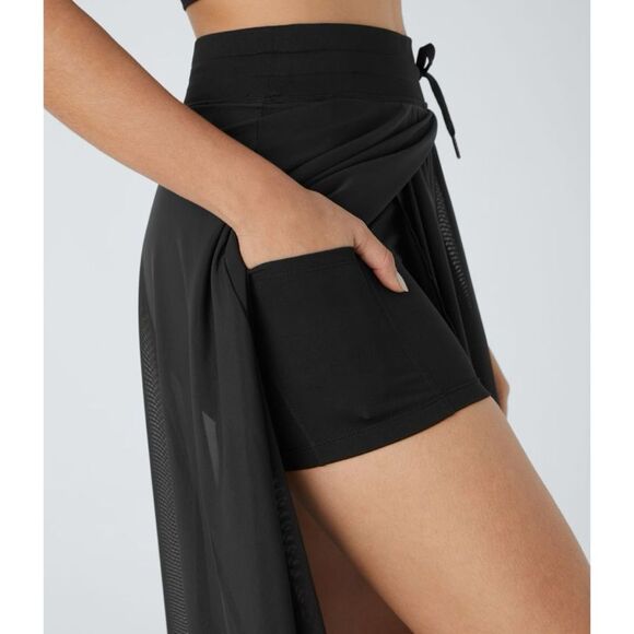 Halara High Waisted Drawstring Contrast Mesh Flowy midi Flare Casual Skirt - Picture 5 of 9